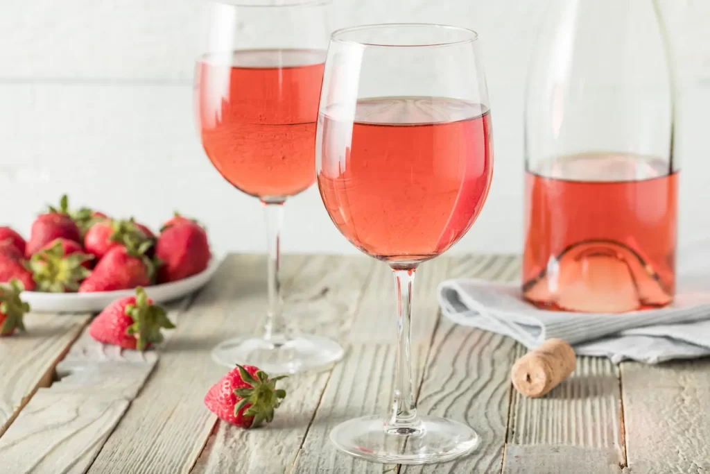 Two glasses and a decanter of rose wine, and plate of strawberries